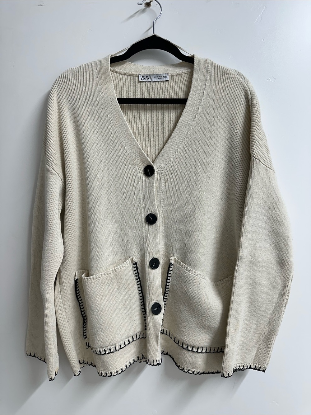 Zara Cream Cardigan with Black Stitching